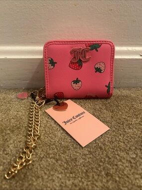 Juicy Couture Pink Strawberry Card Wallet with Gold Chain